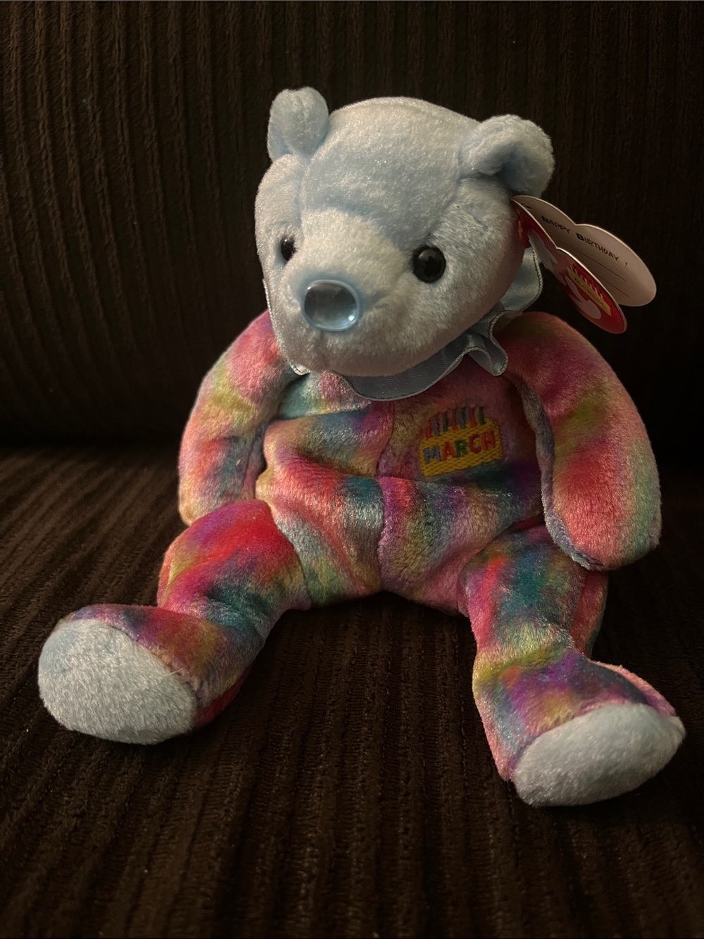 Ty March Birthday Beanie Baby “Aquamarine” Tie-Dye Plush Bear